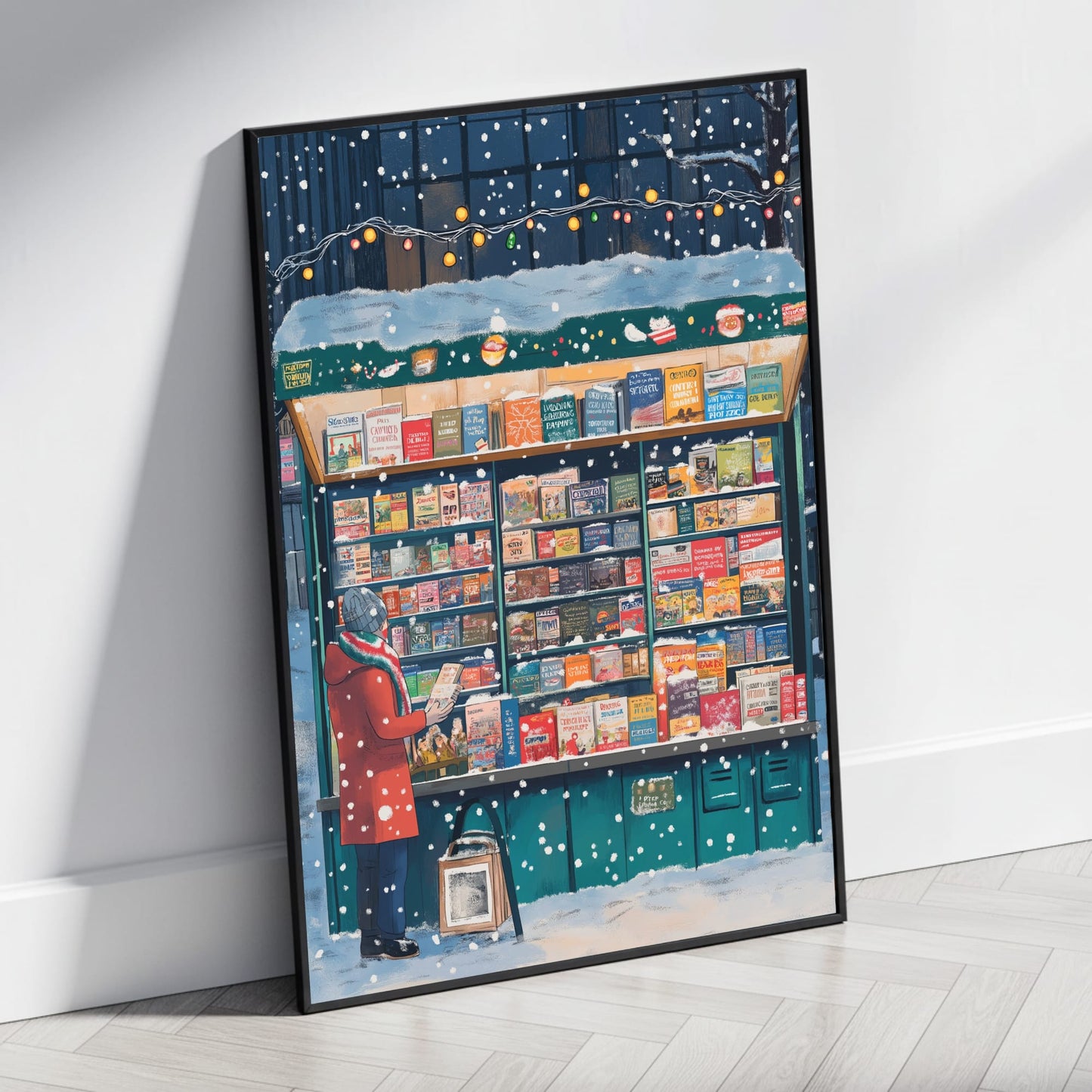 Winter Wonderland Poster | Cozy Snowy Scene | Enthusiastic Reader in Red | Exploring Books | Festive String Lights | Holiday Atmosphere | Snowflakes in Urban Setting | Perfect Home Décor Print for Book Lovers