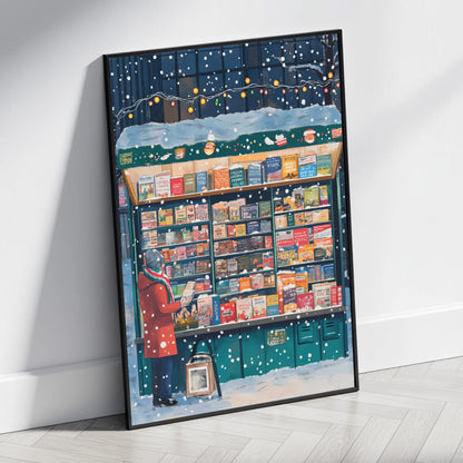 Winter Wonderland Poster | Cozy Snowy Scene | Enthusiastic Reader in Red | Exploring Books | Festive String Lights | Holiday Atmosphere | Snowflakes in Urban Setting | Perfect Home Décor Print for Book Lovers