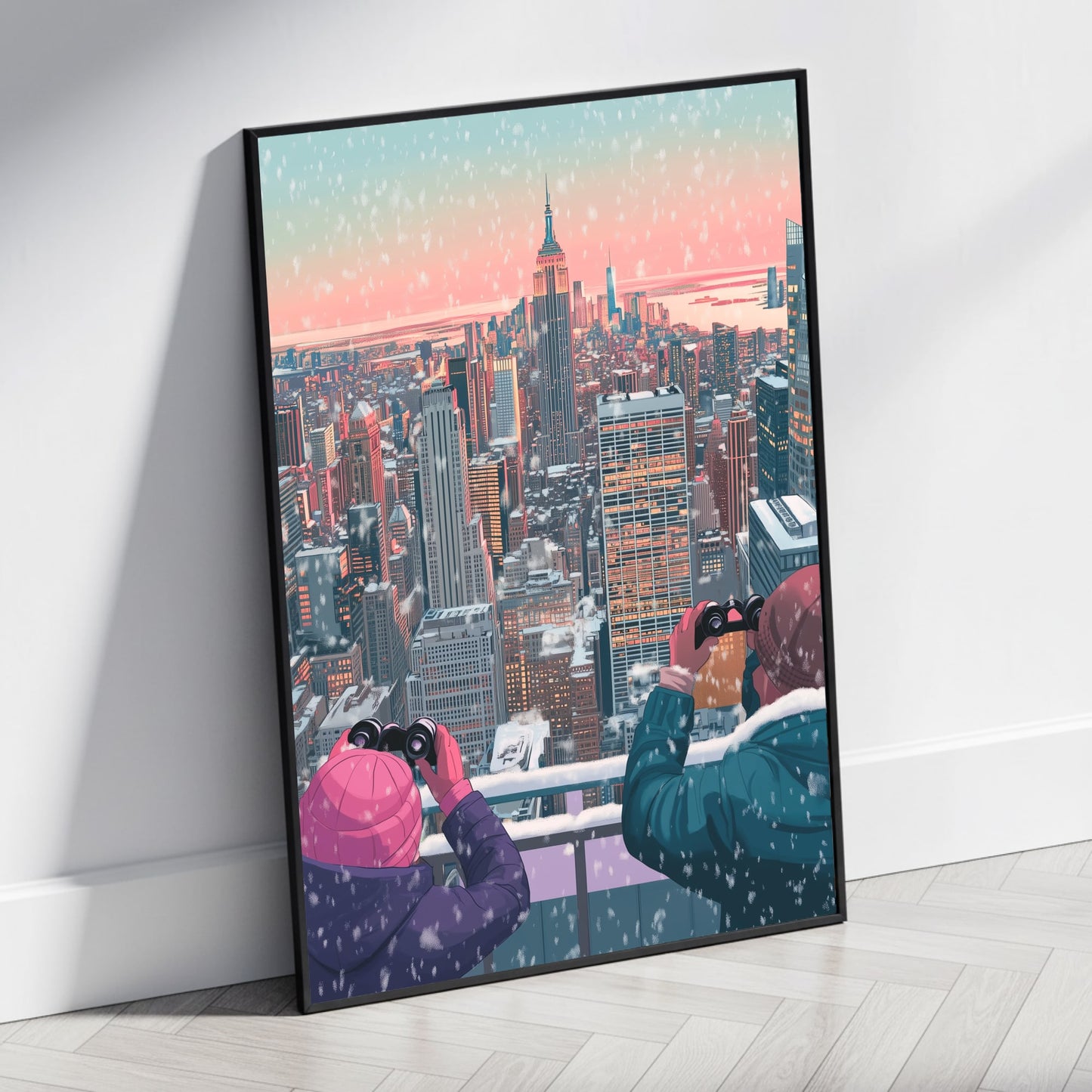 Scenic Winter Cityscape | Iconic Urban Skyline | Snowfall Scene | Dual Figures with Binoculars | Stunning Skyscrapers | Sunset Poster | Premium Quality Print | Captivating Wall Art for Home or Office Decor