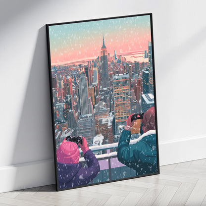 Scenic Winter Cityscape | Iconic Urban Skyline | Snowfall Scene | Dual Figures with Binoculars | Stunning Skyscrapers | Sunset Poster | Premium Quality Print | Captivating Wall Art for Home or Office Decor