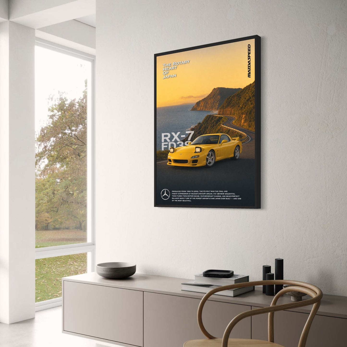 Mazda RX-7 FD3S Yellow | Iconic Japanese Sports Car Scenic Road | Automotive Art Print Poster