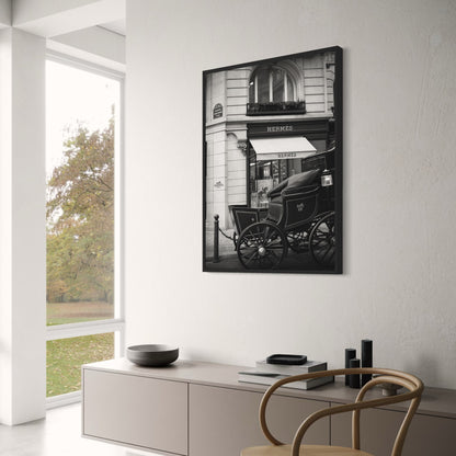Hermès Paris Storefront | Vintage Black and White Photography | Elegant Parisian Carriage Scene | Art Print Poster