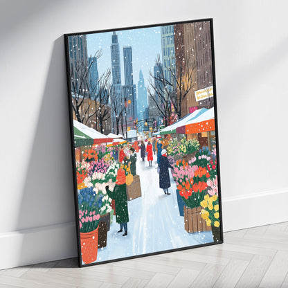 Colorful Urban Winter Street Scene | Vibrant Flower Stalls | People Amidst Snowflakes | Skyscrapers & Trees Backdrop | City Life Charm | Tulips & Daffodils | Wall Decor Print Poster