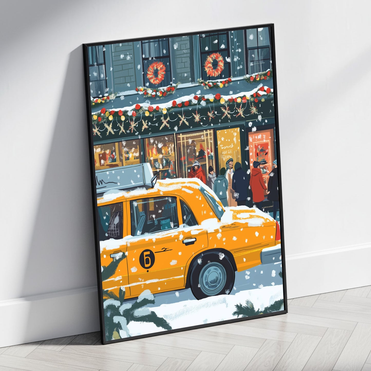 Festive Urban Winter Scene | Yellow Taxi Cab in Snow | Christmas Wreaths and Garlands | Perfect Home or Holiday Gift | City Poster Print