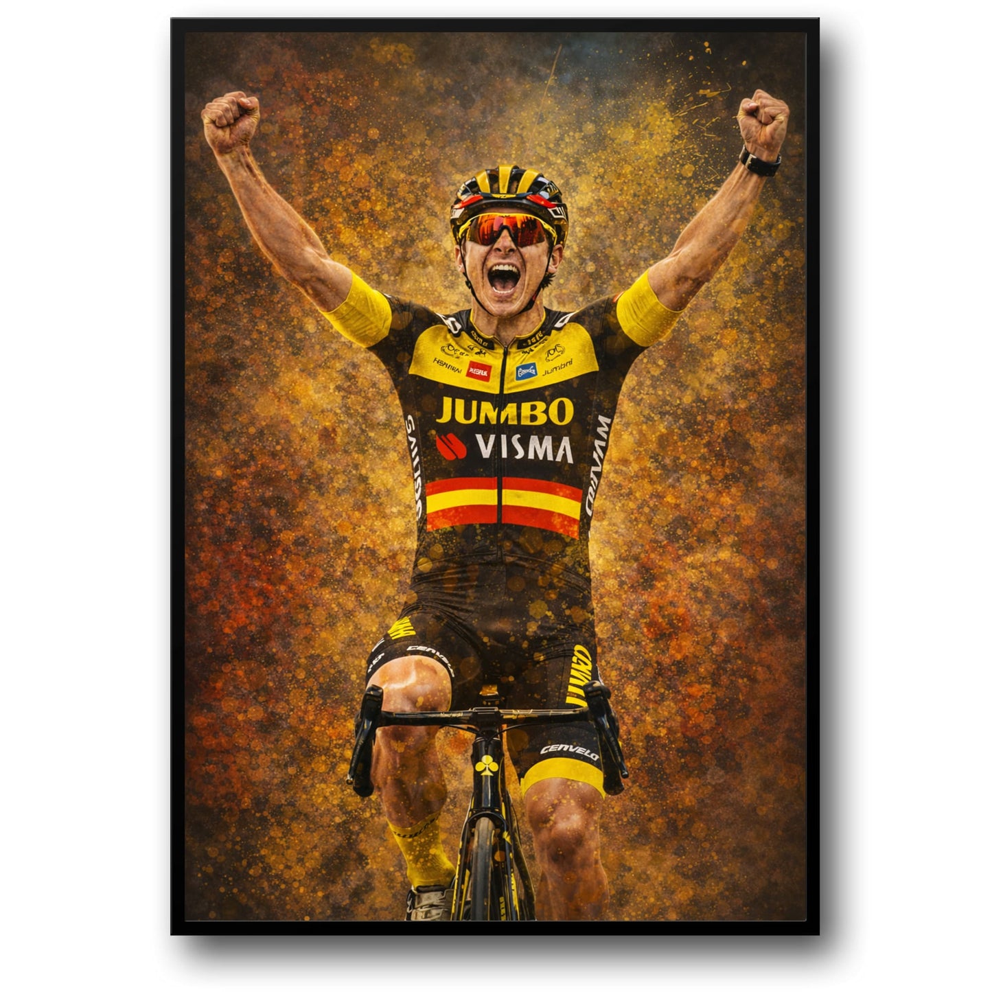 Triumphant Cyclist Art | Jumbo-Visma Team Racing Kit | Sports Scene | Vibrant Yellow Orange Accents | Motivational Poster | Cycling Enthusiasts Wall Decor | High-Resolution Print
