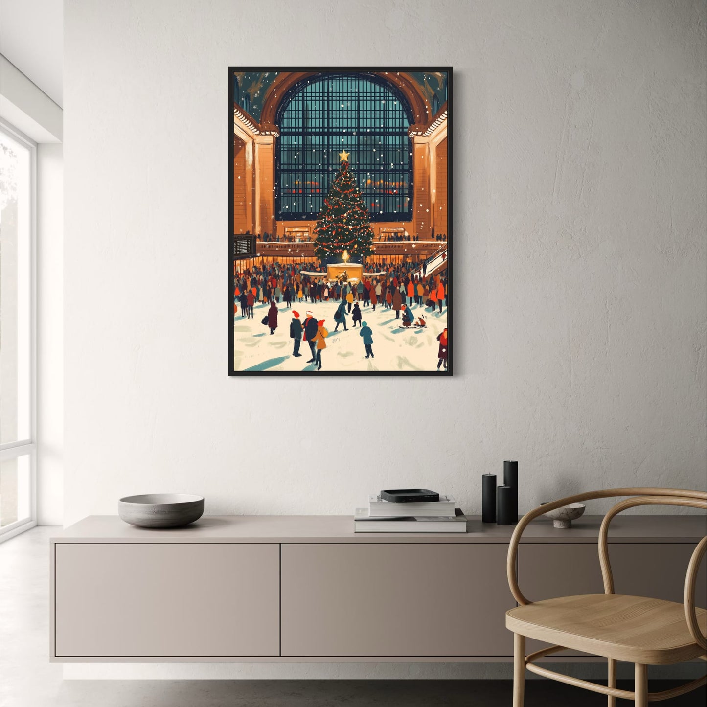 Grand City Station | Christmas Poster Print | Festive Holiday Scene | Majestic Tree | Snowy Urban Landmark | Winter Decor