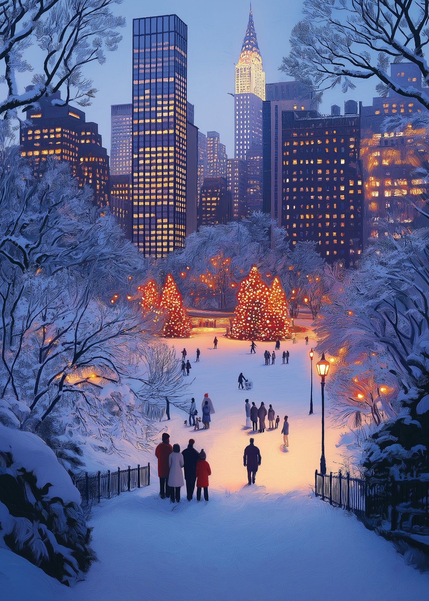 Enchanting Winter Wonderland Cityscape | Skyscrapers at Twilight | Snow-Covered Trees & Festive Ice Skating Scene | Holiday Poster & Print | Christmas Urban Winter Magic Decor