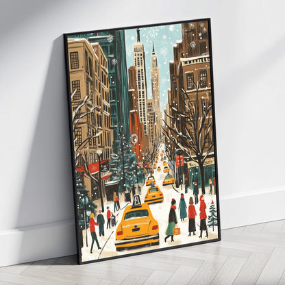 Snowy Urban Winter Cityscape Poster | Busy Streets & Yellow Cabs | Vibrant Holiday Scene Art Print | Skyscrapers & Decorated Trees | Charming Seasonal Skyline | Iconic Metropolitan Art Print