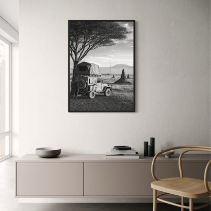 Adventure Safari Jeep | Serengeti Landscape Art Print | Black and White Poster | Nature and Travel Wall Decor | High Quality Print