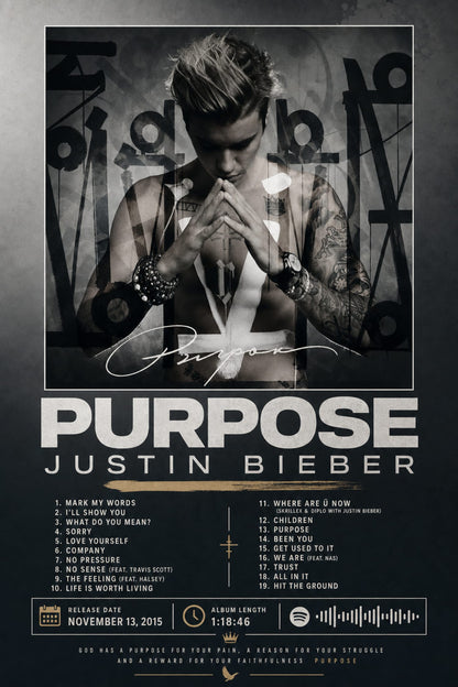 Justin Bieber Purpose Album Poster | Music Wall Art Print | Iconic Album Cover Poster | Modern Art Print for Home Decor | Music Lovers Gift Poster