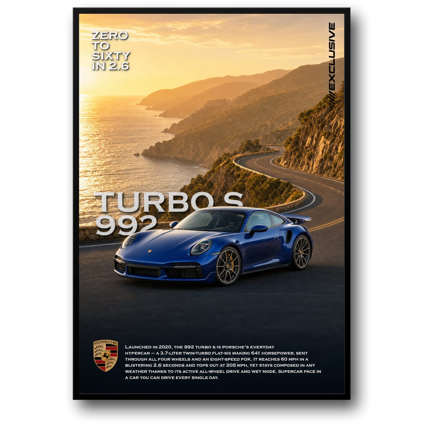 Porsche 992 Turbo S | Luxury Car Performance Art | Zero to Sixty in 2.6 Print | Scenic Coastal Drive Poster