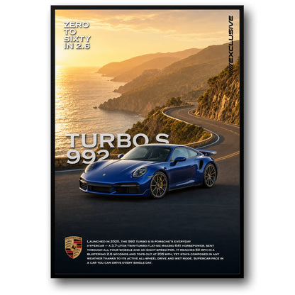 Porsche 992 Turbo S | Luxury Car Performance Art | Zero to Sixty in 2.6 Print | Scenic Coastal Drive Poster