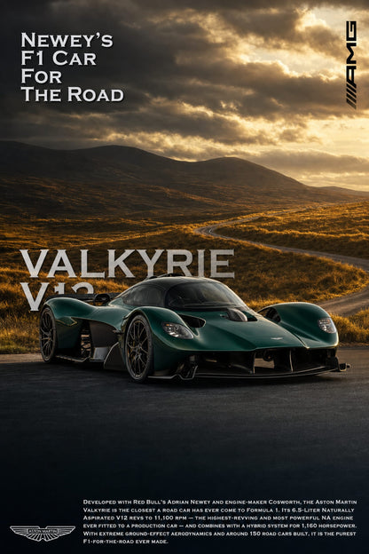 Aston Martin Valkyrie V12 Poster | F1 Inspired Supercar Art Print | Luxury Automobile Wall Decor | High Performance Vehicle Display