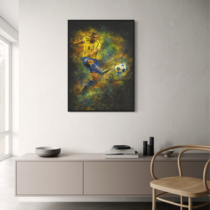 Brazilian Soccer Player Art | Sports Poster with Kick | Energetic Yellow Green Blue Splash | Home Wall Decor Print
