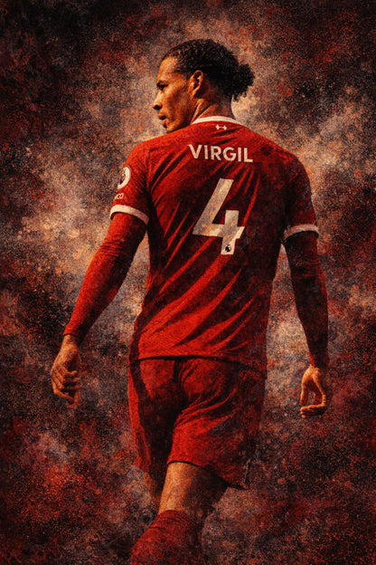 Virgil Van Dijk | Sports Art | Footballer in Iconic Red Jersey | Bold Name & Number Typography | Warm Textured Background | Football Fans Gift | Home Decor Collection | Perfect Poster | Enthusiastic Soccer Decor