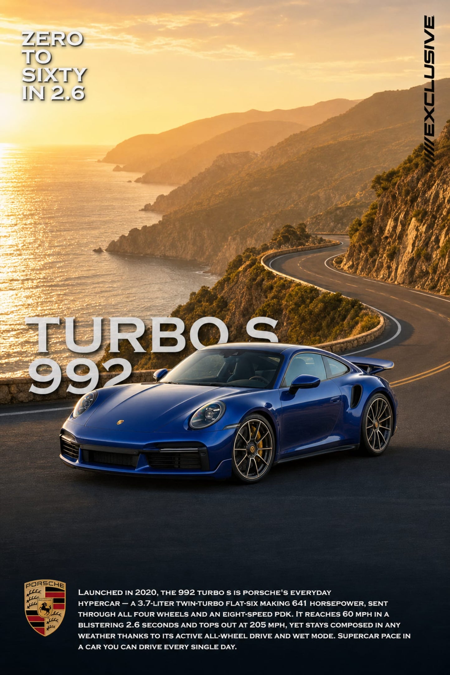 Porsche 992 Turbo S | Luxury Car Performance Art | Zero to Sixty in 2.6 Print | Scenic Coastal Drive Poster