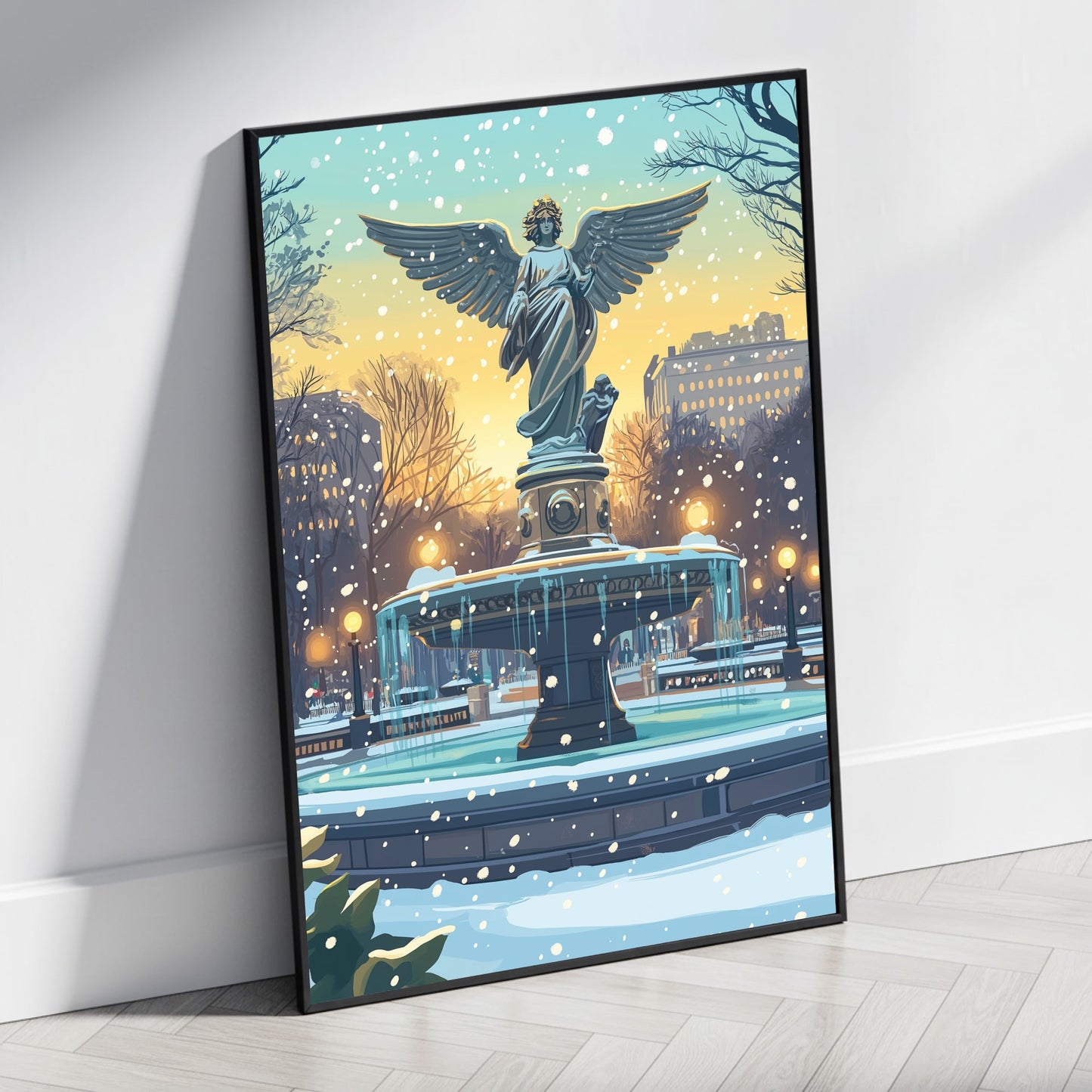 Vibrant Angelic Statue | Snow-Covered Park Scene | Icy Details & Historic Architecture | Winter Wonderland | Serene Snowfall | Golden Twilight Sky | Elegant Art Print Poster for Home Decor | Urban Park Beauty