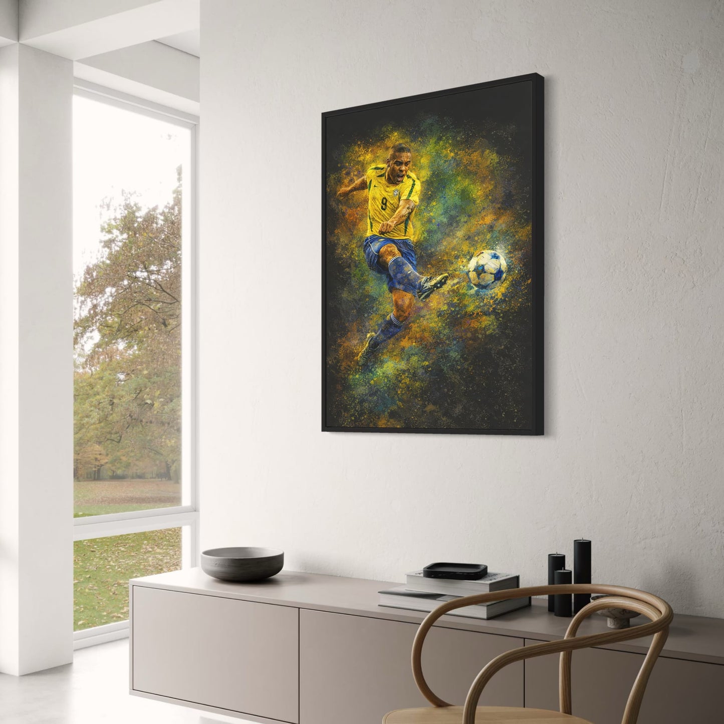 Brazilian Soccer Player Art | Sports Poster with Kick | Energetic Yellow Green Blue Splash | Home Wall Decor Print