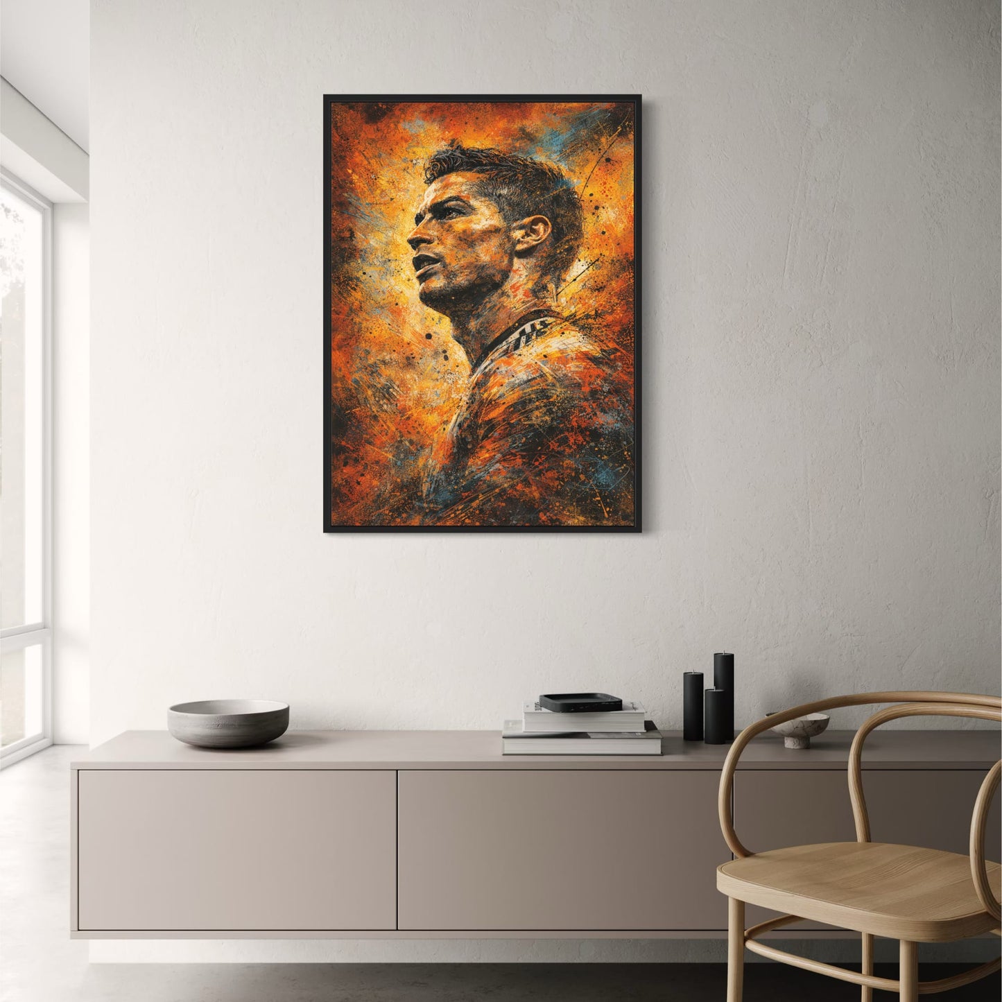 Athlete Art | Intense Sports-Themed Poster | Fiery Orange, Gold, Blue | Paint Splatter Style | High-Quality Print for Home Decor | Modern Urban Artistic Representation | Perfect for Sports Enthusiasts