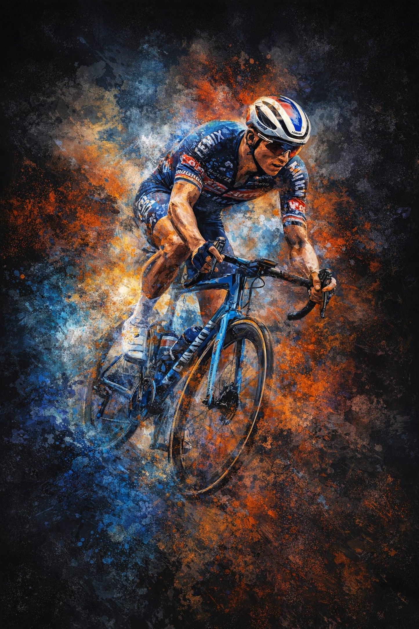 Bicycle Racing Poster | Vibrant Blue Orange Brush Strokes | Sports Enthusiasts Art Print | Home Office Gym Décor