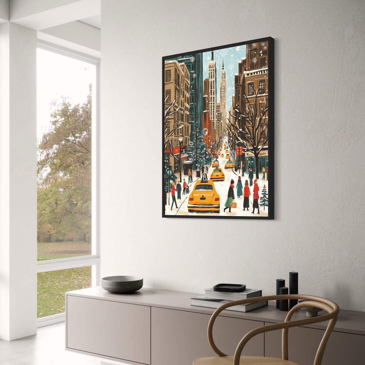 Snowy Urban Winter Cityscape Poster | Busy Streets & Yellow Cabs | Vibrant Holiday Scene Art Print | Skyscrapers & Decorated Trees | Charming Seasonal Skyline | Iconic Metropolitan Art Print