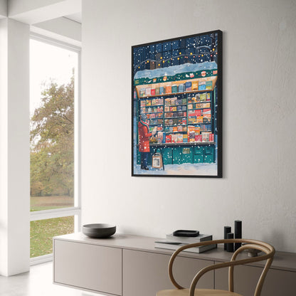 Winter Wonderland Poster | Cozy Snowy Scene | Enthusiastic Reader in Red | Exploring Books | Festive String Lights | Holiday Atmosphere | Snowflakes in Urban Setting | Perfect Home Décor Print for Book Lovers