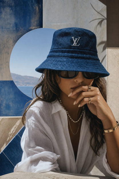 Stylish Fashion Woman in Blue Hat and Sunglasses | Elegant Art Decor | Chic Wall Poster | Luxury Style Print