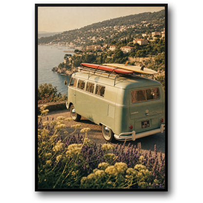 Vintage Camper Van by Seaside | Scenic Landscape | Retro Travel Art Print | Coastal View | Adventure Poster