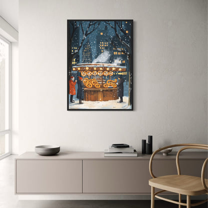 Winter Night Cityscape | Snowy Street Vendor Scene | Illuminated Pretzel Stand | Cozy Urban Setting | Festive Atmosphere Poster | Print