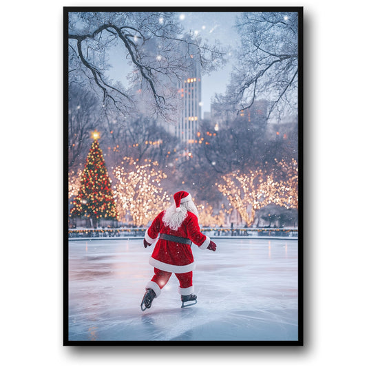 Enchanting Urban Christmas Scene | Santa Claus Ice Skating | Festive Wonderland Poster | Glittering Holiday Decor | Christmas Lights & Decor | Snow-Covered Cityscape | Magical Seasonal Print | Home & Office Wall Art