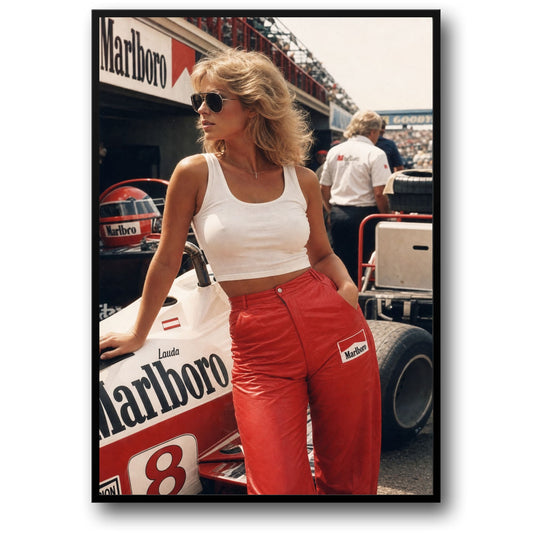Vintage Racing Scene | Retro Marlboro Theme | Iconic Formula 1 Car | 80s Style Fashion | Motorsport Art Print Poster