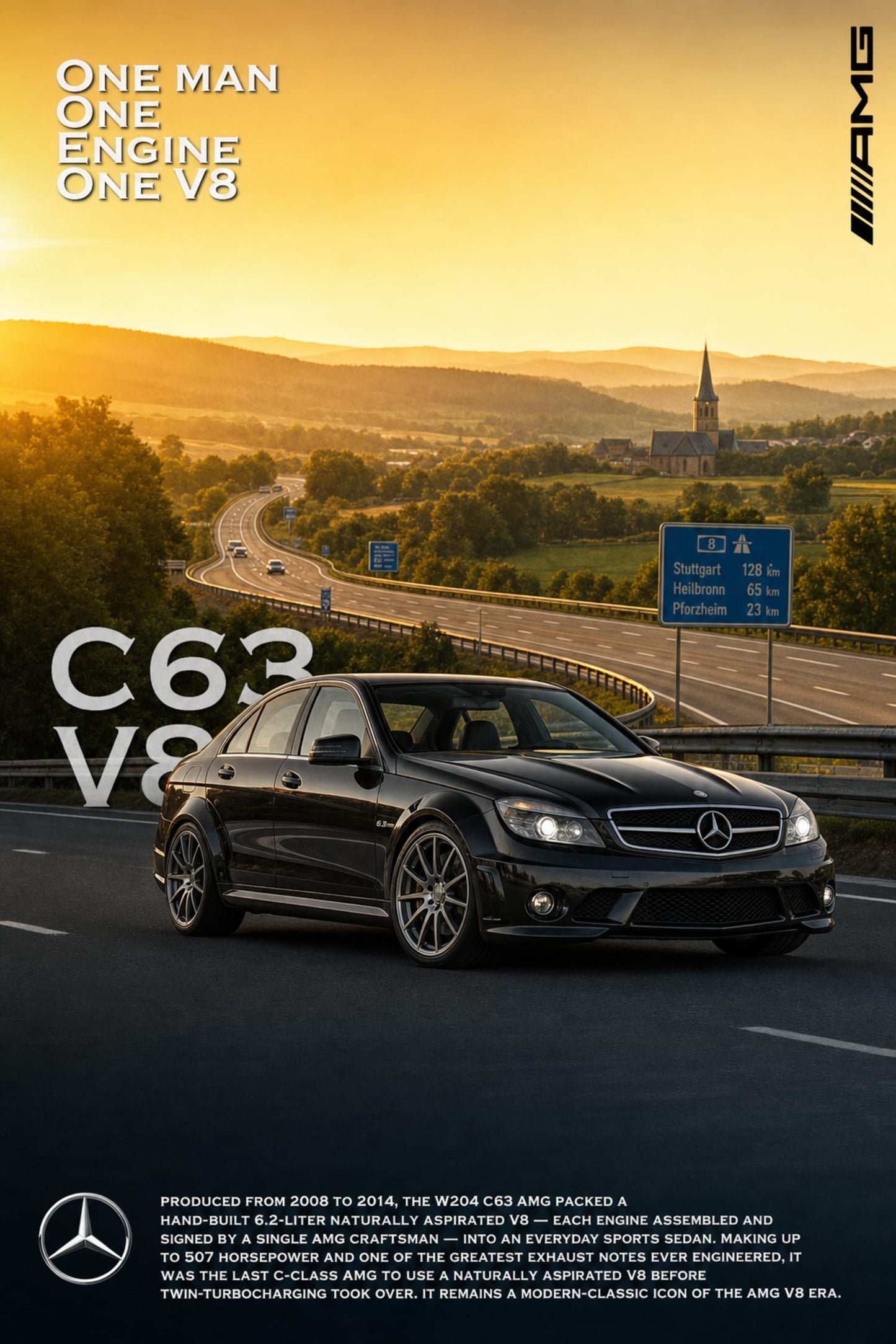 Mercedes C63 AMG V8 Poster | Classic Car Art | Iconic Engine Design Print | Luxury Sports Sedan | Wall Decor Poster