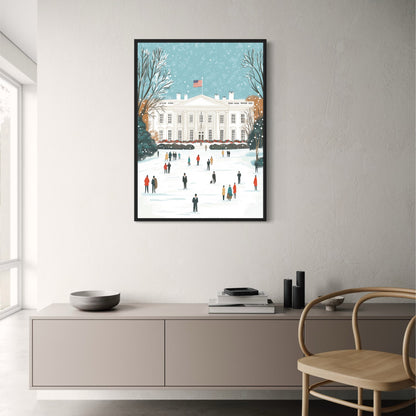 Charming Winter Scene | Iconic White House Art Print | Snow-Covered Landscape & Holiday Atmosphere | Festive Poster for Home Decor | Architectural Details & Frosted Trees | Inspirational Winter Wonderland