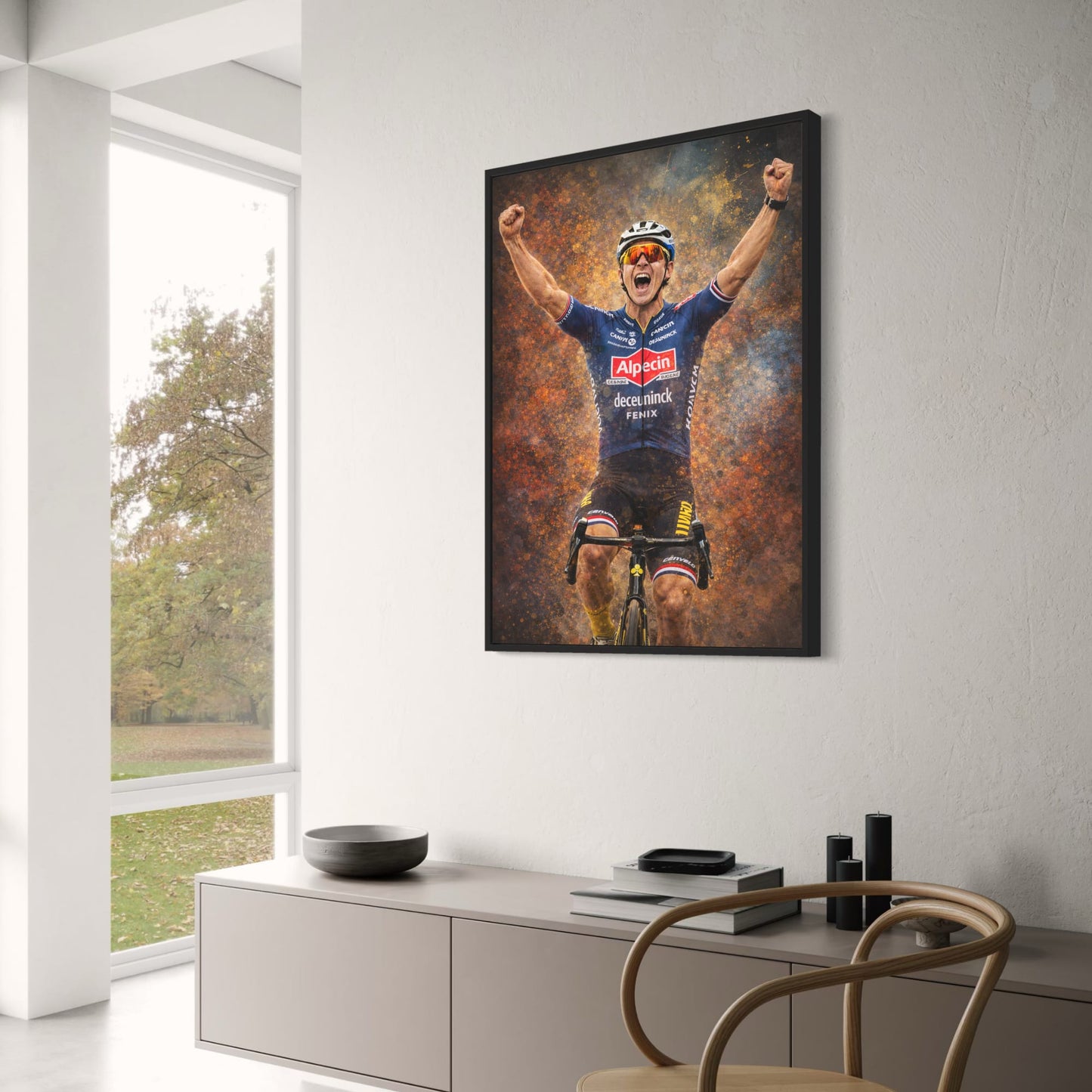 Cyclist Triumph | Professional Rider in Alpecin-Deceuninck Kit | Vivid Orange & Blue Explosive Background | Sports Decor Wall Art | Victory & Athletic Pride Poster Print