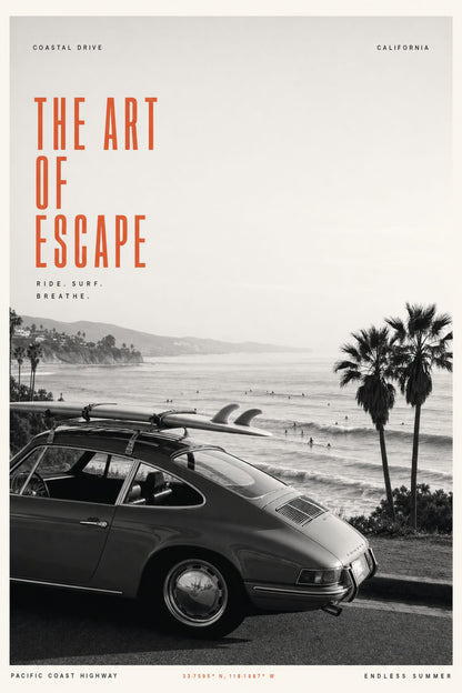 Classic Coastal Drive Car Scene | Surf Adventure | Art of Escape Poster | Travel Inspiration | California Scenic Print