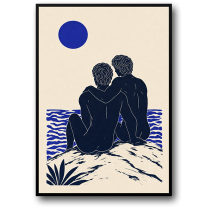Romantic Illustration | Couple Embrace by Ocean Art | Wall Decor | Modern Love Poster | Minimalist Print | Sea and Sun Design
