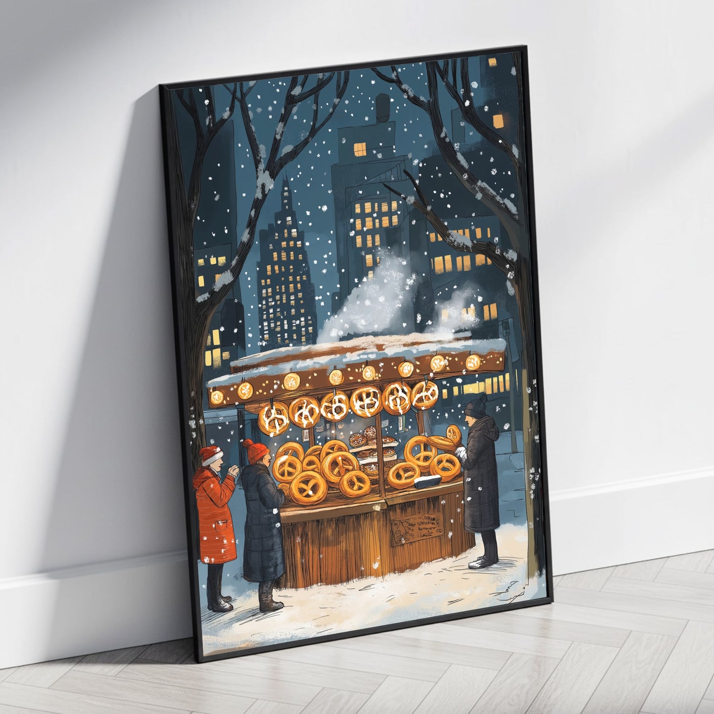Winter Night Cityscape | Snowy Street Vendor Scene | Illuminated Pretzel Stand | Cozy Urban Setting | Festive Atmosphere Poster | Print