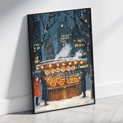 Winter Night Cityscape | Snowy Street Vendor Scene | Illuminated Pretzel Stand | Cozy Urban Setting | Festive Atmosphere Poster | Print