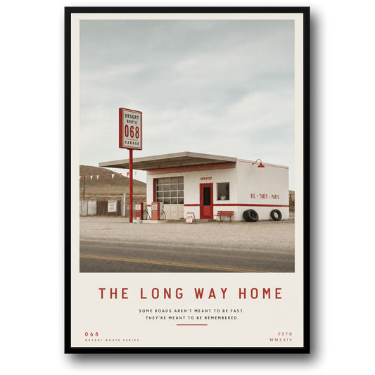 Retro Gas Station Art | Desert Route 068 | Vintage Travel Aesthetic | The Long Way Home | Wall Decor Print Poster