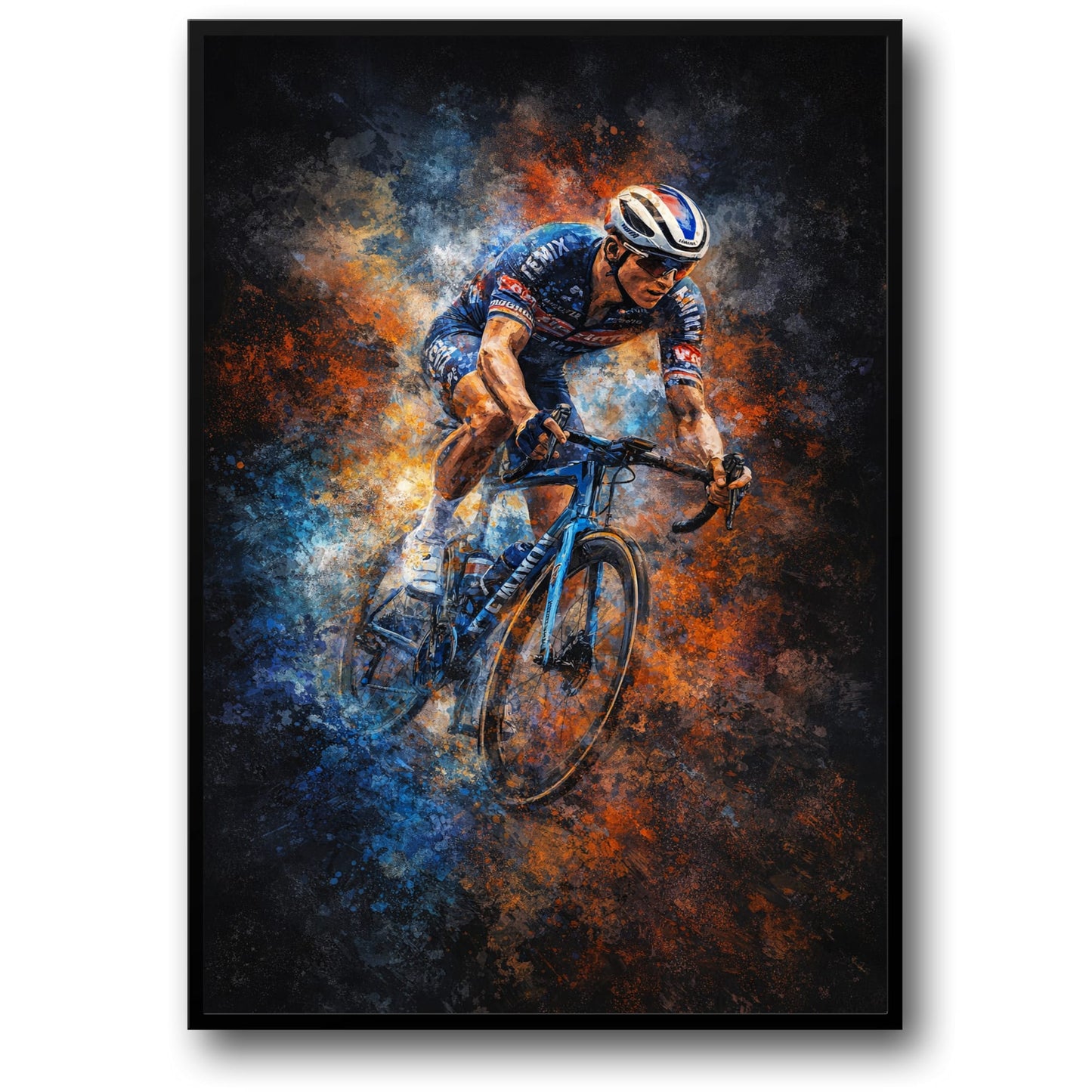 Bicycle Racing Poster | Vibrant Blue Orange Brush Strokes | Sports Enthusiasts Art Print | Home Office Gym Décor