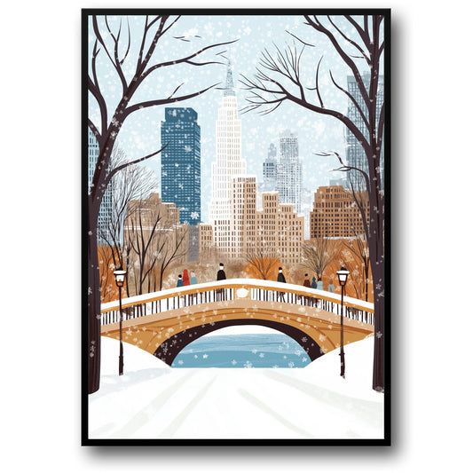 Scenic Winter Cityscape | Urban Skyline Poster with Snowfall | Elegant Snow-Covered Trees | Skyscrapers and Lamp Posts | People in Winter Attire | Home & Office Decoration | Festive Seasonal Print