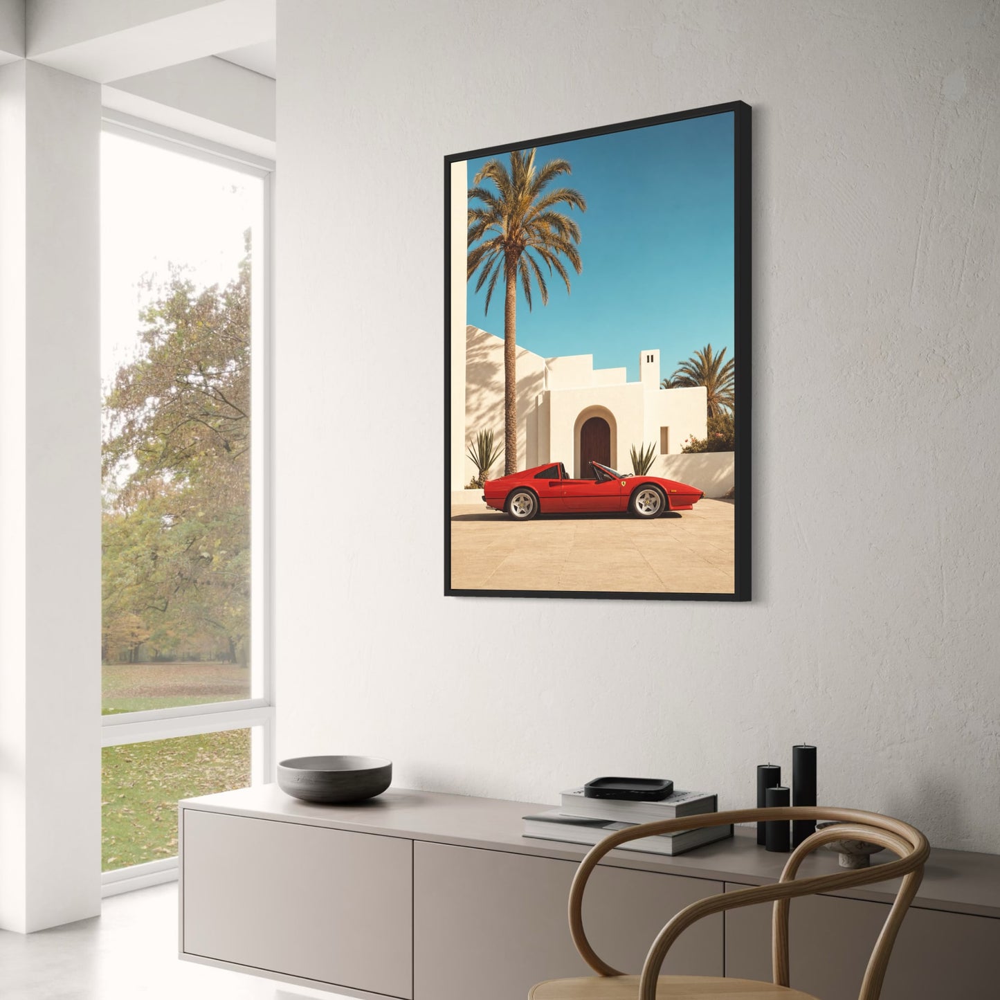 Red Sports Car in Tropical Setting | Modern Wall Art Decor | Luxury Automotive Poster Print for Home Office Decor