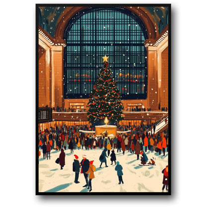 Grand City Station | Christmas Poster Print | Festive Holiday Scene | Majestic Tree | Snowy Urban Landmark | Winter Decor