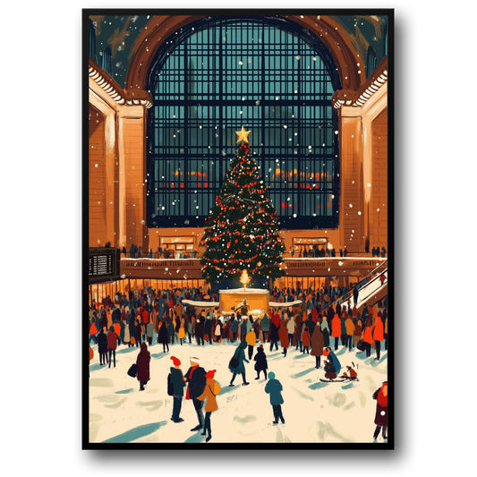 Grand City Station | Christmas Poster Print | Festive Holiday Scene | Majestic Tree | Snowy Urban Landmark | Winter Decor