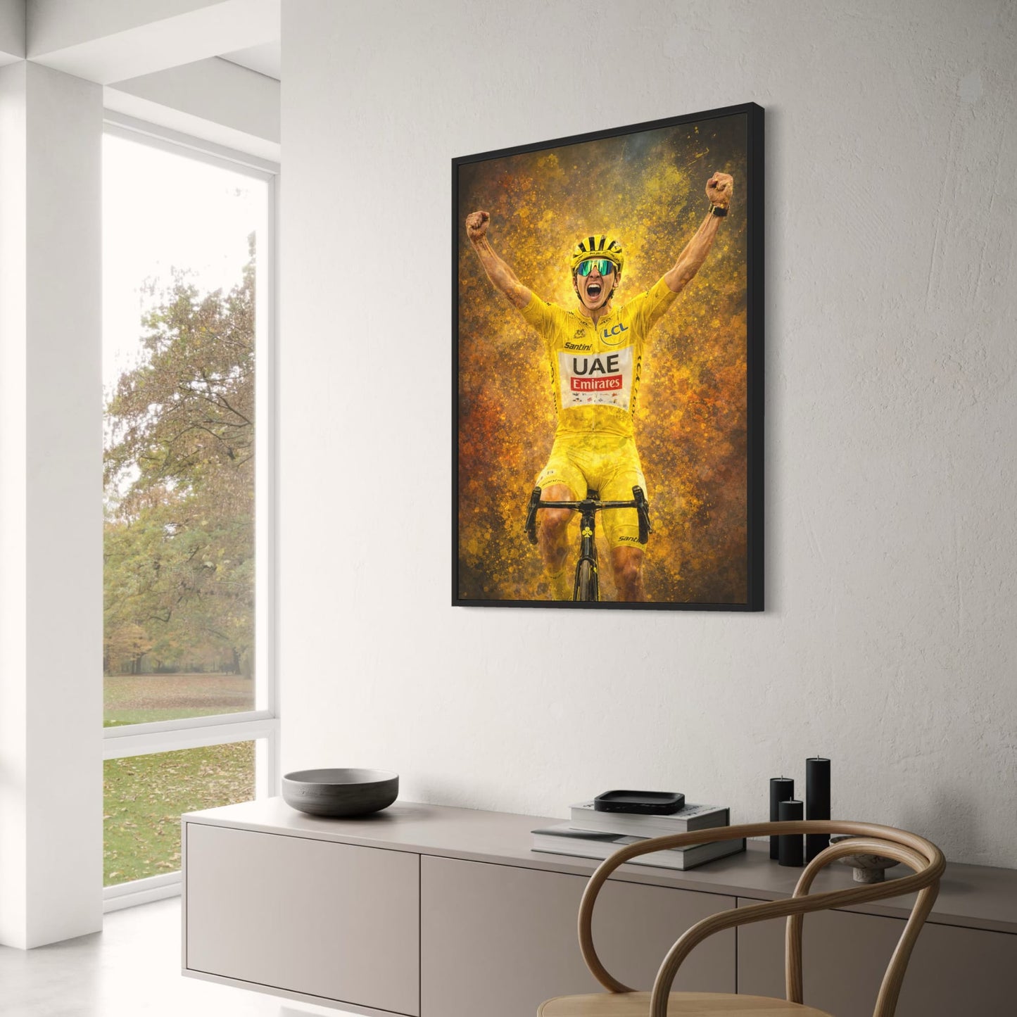 Tadej Pogačar | Enthusiastic Cyclist Poster | Celebratory Racing Bicycle Print | Vibrant Yellow Jersey | UAE Emirates & Santini Branding | Energetic Pose Against Abstract Background | Competitive Spirit Artwork