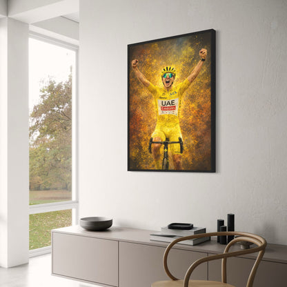 Tadej Pogačar | Enthusiastic Cyclist Poster | Celebratory Racing Bicycle Print | Vibrant Yellow Jersey | UAE Emirates & Santini Branding | Energetic Pose Against Abstract Background | Competitive Spirit Artwork