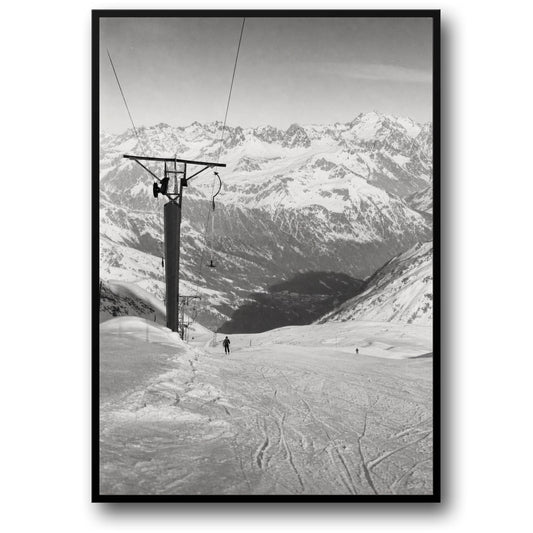 Vintage Mountain Ski Lift | Black and White Winter Alpine Scene | Wall Art Poster | Snowy Landscape Print | Home Decor