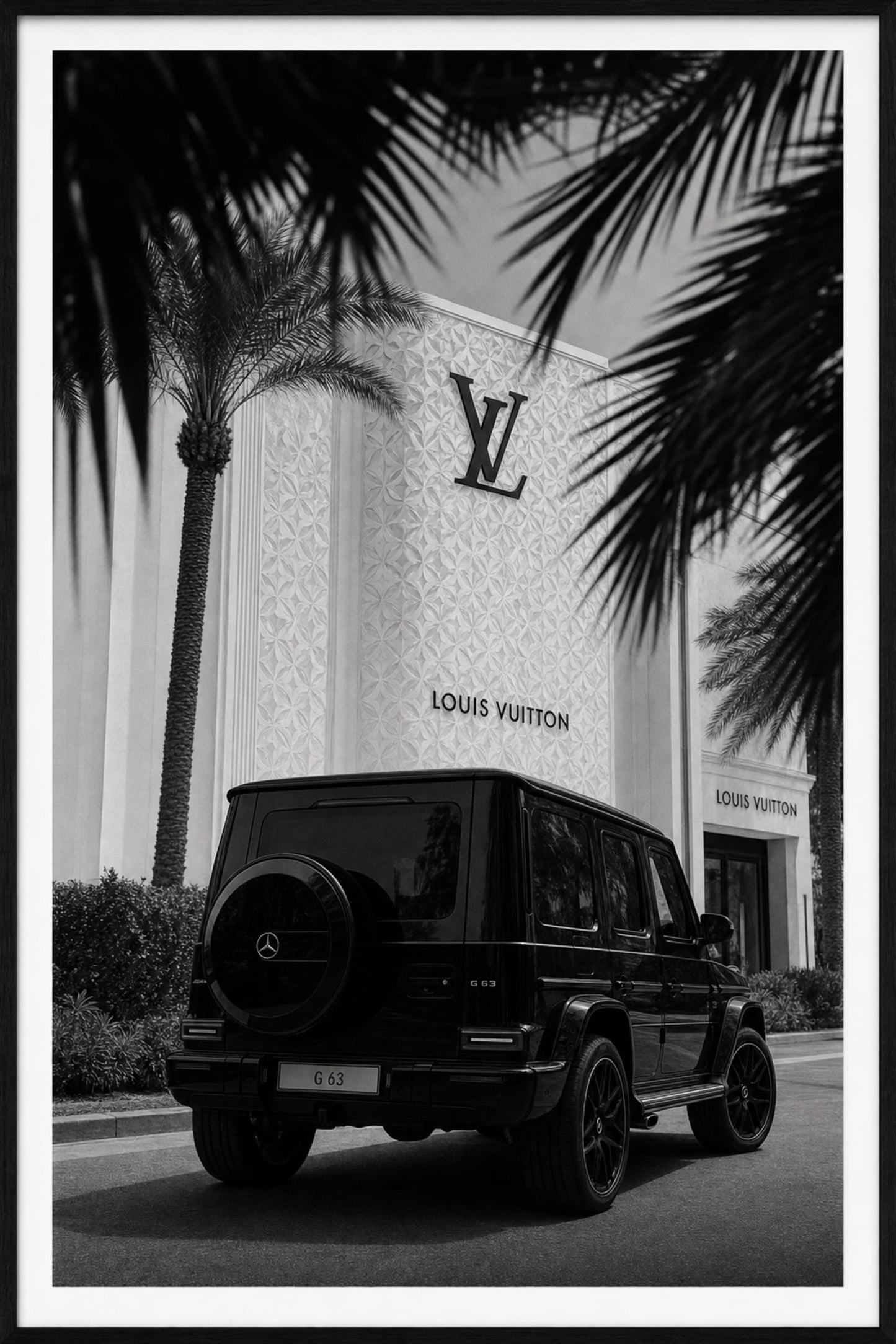 Mercedes G-Class G63 at Luxury Storefront | Black and White Art Print | Wall Decor Poster | Modern Home Interior Design
