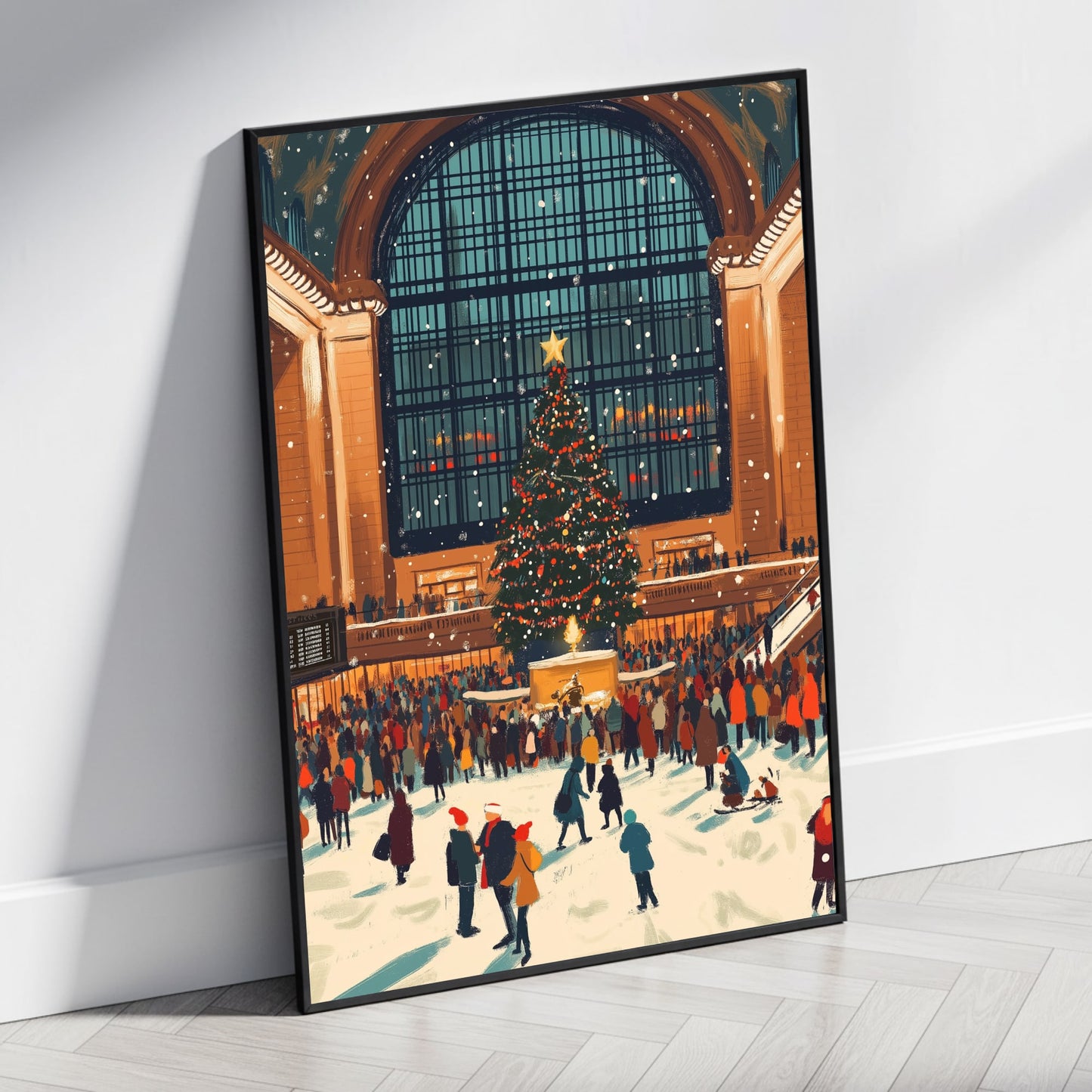 Grand City Station | Christmas Poster Print | Festive Holiday Scene | Majestic Tree | Snowy Urban Landmark | Winter Decor