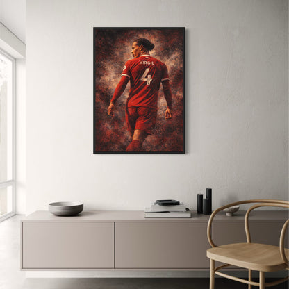 Virgil Van Dijk | Sports Art | Footballer in Iconic Red Jersey | Bold Name & Number Typography | Warm Textured Background | Football Fans Gift | Home Decor Collection | Perfect Poster | Enthusiastic Soccer Decor